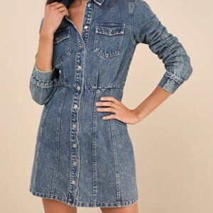 Lulus “Trendy Approach” Medium Wash Long Sleeve Denim Dress - Size S